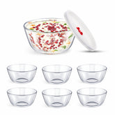 SignoraWare Sugarcream Borosilicate Glass Mixing Bowl Set with Lid | Transparent Design | Baking & Serving | Ideal for Marinating & Soaking | Gifting Set ( 1Ltr & 220mlx6 | Set of 7)