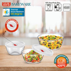 SignoraWare Borosilicate Glass Mixing Bowl with Lid | Steam release Knob | Stain Resistant | Microwave safe | Best for Mixing Ingredients | Baking & Serving  ( 500ml + 1 Ltr + 1.5 Ltr )