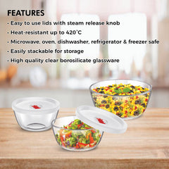 SignoraWare Borosilicate Glass Mixing Bowl with Lid | Steam release Knob | Stain Resistant | Microwave safe | Best for Mixing Ingredients | Baking & Serving  ( 500ml + 1 Ltr + 1.5 Ltr )