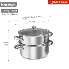 SignoraWare All rounder Two Tier Stainless Steel Steamer 18cm | Energy & Time Efficient | Healthy Cooking | Ideal for Making Idlis, Momos, Modak & Dhokla | Healthy way to prepare delicate proteins.