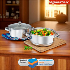 SignoraWare All rounder Two Tier Stainless Steel Steamer 18cm | Energy & Time Efficient | Healthy Cooking | Ideal for Making Idlis, Momos, Modak & Dhokla | Healthy way to prepare delicate proteins.