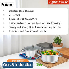 SignoraWare All rounder Two Tier Stainless Steel Steamer 18cm | Energy & Time Efficient | Healthy Cooking | Ideal for Making Idlis, Momos, Modak & Dhokla | Healthy way to prepare delicate proteins.