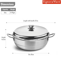 Signoraware All Rounder Tri Ply Stainless Steel Multi Kadhai With Sandwich Bottom | Induction & Gas Stoves Compatible | Even heat | Ideal for Frying, Curries & Everyday Cooking  ( 5 Ltr | Steel )