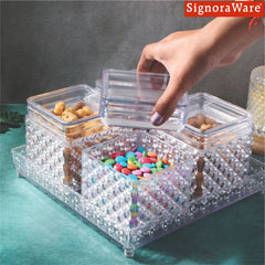 Signoraware Candy Serving Set | BPA-Free Plastic Containers with Tray | Perfect for Snacks & Nuts | Best for Special Ocassions & Festivals | Gifting Set  ( 640mlx4 + 1 Tray | Set of 5 | Clear )