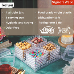 Signoraware Candy Serving Set | BPA-Free Plastic Containers with Tray | Perfect for Snacks & Nuts | Best for Special Ocassions & Festivals | Gifting Set  ( 640mlx4 + 1 Tray | Set of 5 | Clear )
